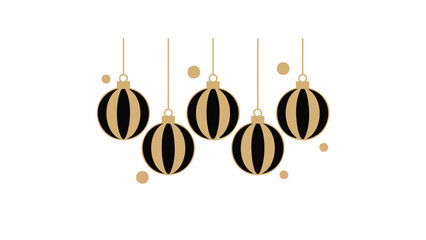 Festive black and gold striped christmas ornaments hanging with confetti against a white background