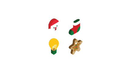 Four festive christmas icons including santa hat stocking light bulb and gingerbread man on a white background