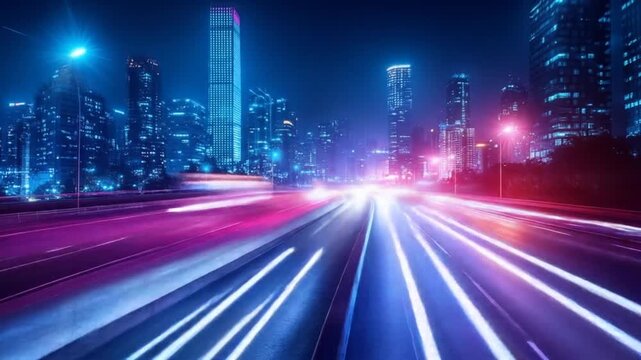 Neon-lit night cityscapes with soaring skyline and bright traffic trails across a glassy urban glow
