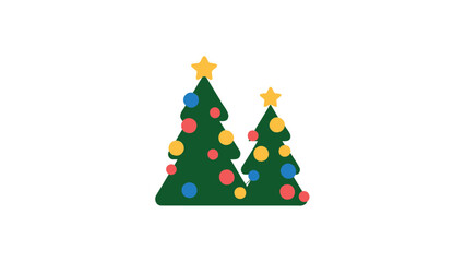 Two stylized green christmas trees decorated with colorful lights and golden stars on a white background