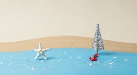 Decorative Starfish and Tree With Boat on Blue Surface for Summer Beach Theme