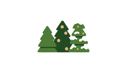 Three stylized green christmas trees with orange ornaments on a white background representing a winter forest scene
