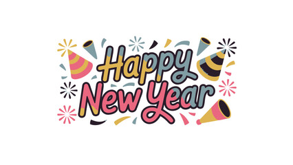 Vibrant and festive happy new year greeting with confetti party hats and bursting fireworks