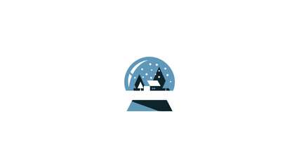 Charming cartoon illustration of a winter snow globe with silhouetted trees and a house against a starry blue sky