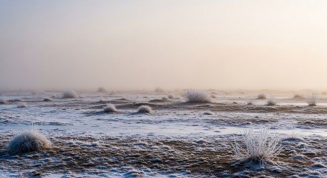 A harsh, desolate landscape during a severe dust winter. Frozen earth and sparse vegetation under a thick, suffocating atmospheric haze, decay, frozen, dust