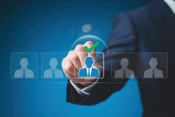 A person choosing a person icon with a checkmark on a blue background, symbolizing recruitment, selection, or human resources
