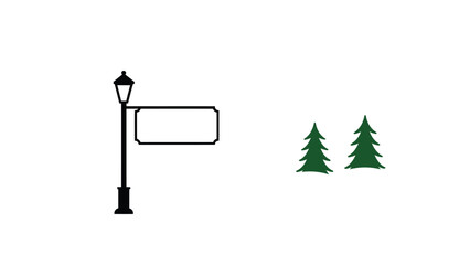 Simple illustration of a vintage street lamp with a blank sign and two evergreen trees on a white background