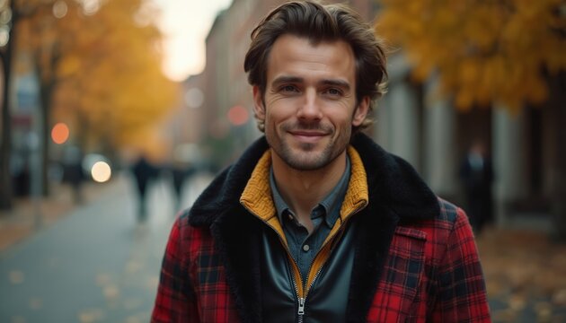 Young handsome man smiles on city street in autumn. Wears stylish red plaid jacket, black vest, yellow quilted layer, gray shirt. Person friendly expression. Fall leaves on ground, trees. Urban - Powered by Adobe