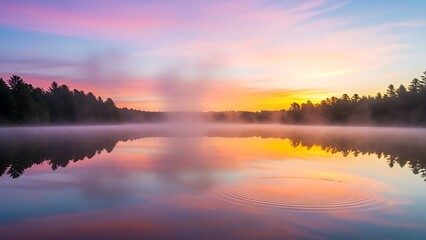 Obraz premium Serene Lake at Dawn a Tranquil Reflection of Nature's Beauty with Mist and Sunrise Colors Creating a Peaceful Atmosphere in Wilderness Landscape at Sunrise Light 200