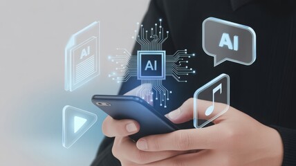 A person holding a mobile phone with AI elements hovering around it, symbolizing artificial intelligence