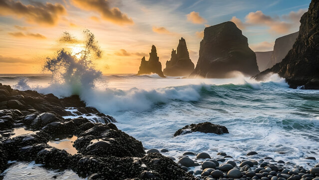 Dramatic sunset over rugged sea stacks and crashing ocean wave on a rocky coastline at dusk