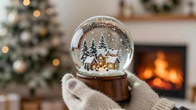 A snow globe with a miniature winter village in a cozy Christmas interior of a house with a fireplace and a decorated Christmas tree in a soft warm light
