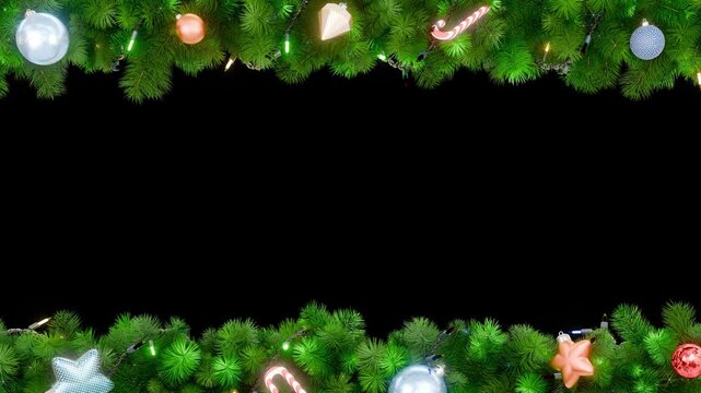 Christmas frame or new year frame with green fir or pine leaves, christmas balls, stars and light bulbs blinking with alpha map for compositing. 4K loop animation.