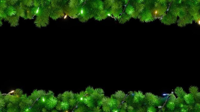 Christmas frame or new year frame with fir or pine leaves and light bulbs blinking with alpha map for compositing. 4K loop animation