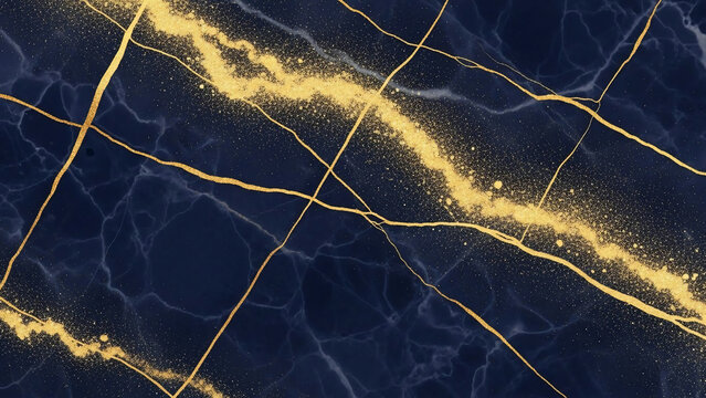 Elegant navy blue marble texture with glittering gold veins creates luxurious feel - Powered by Adobe