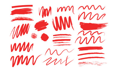 Hand drawn red paint brush strokes and scribble lines collection