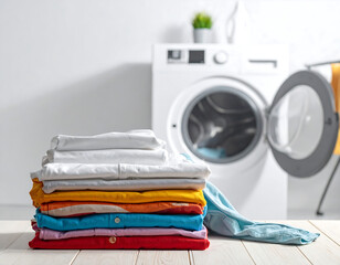 Freshly laundered colorful clothing stacked neatly near modern washing machine, promoting cleanliness and efficient laundry solutions for households