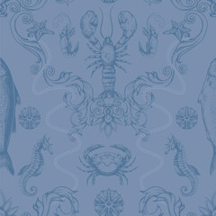Fish sea vector seamless pattern with crabs octopus seahorse shells starfish and shrimp