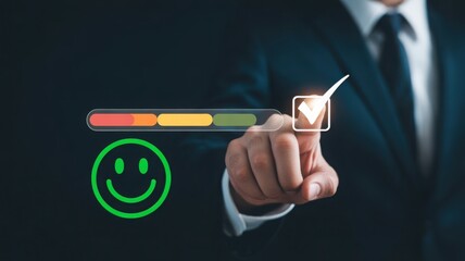 A person interacting with a customer satisfaction graphic to convey happiness 