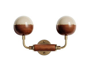 PNG of Stylish double-sconce wall lamp featuring wooden accents and modern glass shades.