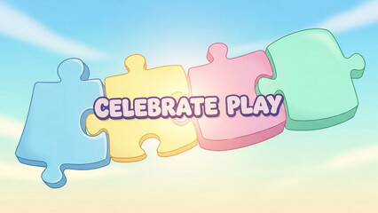 Cartoon puzzle pieces connecting smoothly with glow effect, ‘Celebrate Play’ text, soft pastel theme.