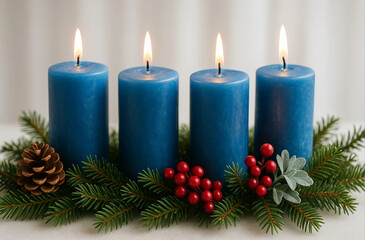 Cuatro velas de color azul con decoraci&oacute;n navide&ntilde;a.