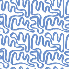 Abstract wavy brush lines pattern in blue artistic stroke vector seamless background design