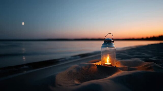 4k A serene dusk beach scene featuring a single vintage lantern placed on soft rippled sand in the foreground, fully inside the frame with clear metal contours and glass details