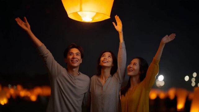 4k close-up, dynamic nighttime scene at a sky lantern festival where a family of three is releasing a large glowing lantern together. All three people are fully inside the frame fro