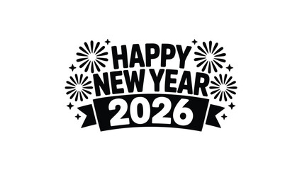 Happy new year 2026 text with fireworks and festive celebratory design elements on a white background