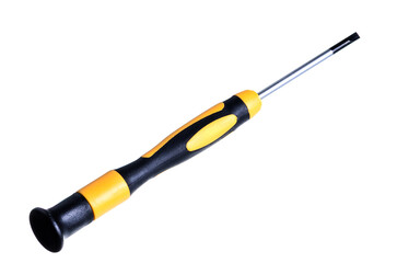 Close-up of a yellow and black screwdriver on a white background