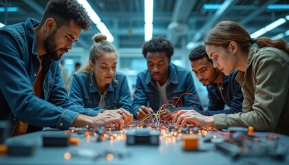 Diverse students deeply focus on electronics project in modern lab. Connect wires, circuit boards light up. Group collaborates on tech innovation, building, learning, solving problems together with