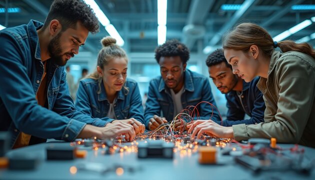 Diverse students deeply focus on electronics project in modern lab. Connect wires, circuit boards light up. Group collaborates on tech innovation, building, learning, solving problems together with