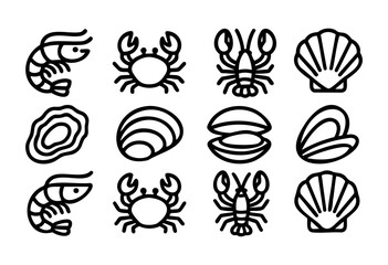 Obraz premium A collection of twelve bold line art icons representing various seafood, including shrimp, crab, lobster, scallop, oyster, clam, and mussel.