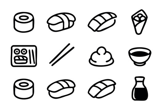 A collection of simple line art icons representing various elements of Japanese cuisine, including sushi rolls, nigiri, temaki, a bento box, chopsticks, a soy sauce bottle, and a soup bowl.