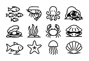Obraz premium A collection of black outline icons representing various marine life and seafood, including fish, shrimp, octopus, hermit crab, oyster with a pearl, seaweed, crab, clam, starfish, jellyfish, and scall