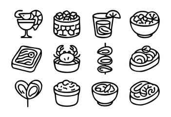 A diverse set of twelve outline icons depicting various food and beverage items, including a cocktail, a glass with a drink, and several seafood dishes such as fish, crab, mussels, sushi, and salads, 