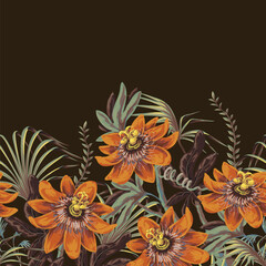 Passiflora tropical flower vector border with exotic leaves and jungle plants