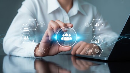 A woman holding a glowing icon represents connection in a digital interface