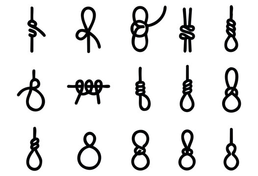 A grid of twelve distinct knots, including various fishing and utility knots such as Clinch, Loop, Blood, Dropper, Double Uni, Snell, and Bowline, presented as clean black line icons on a white backgr