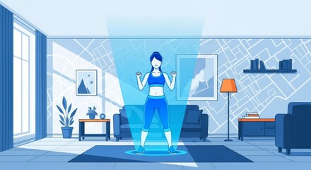 Futuristic home workout concept with a woman's hologram using augmented reality for a dumbbell fitness routine in a modern apartment