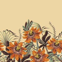 Passiflora tropical flower vector border with exotic leaves and jungle plants