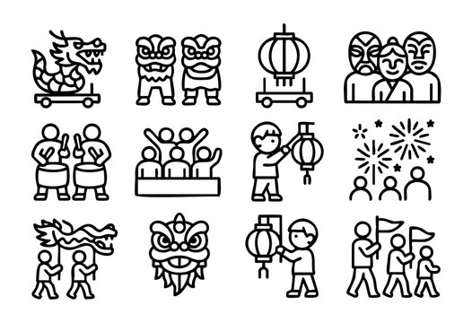 Chinese New Year Parade line icons &mdash; dragon dance, lion dance, festive floats, and celebration crowd symbols &mdash; stock vector.