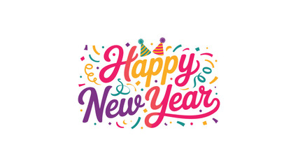 Vibrant and festive happy new year greeting with colorful confetti and streamers celebrating the start of the year