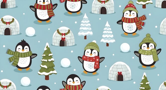 Playful Winter Penguins with Igloos and Snowflakes - Powered by Adobe