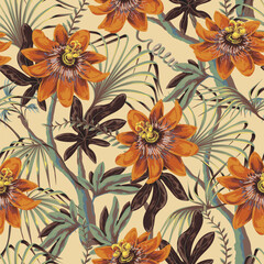 Passiflora tropical flower vector seamless pattern with exotic leaves and jungle plants