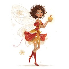 Girl in a red dress holding a gold ball. She is a fairy. The image is of a fairy with a gold ball in her hand