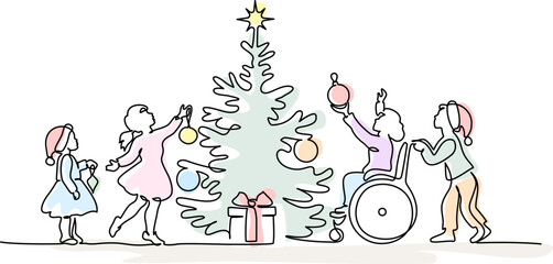 Child in wheelchair decorates a Christmas tree together with friend.