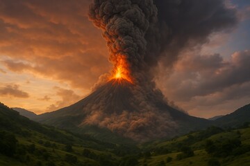 A massive volcanic eruption in a hilly beautiful landscape