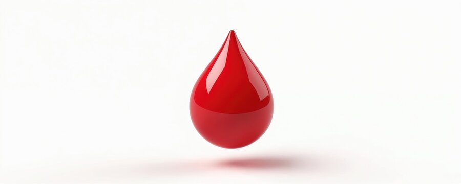 Red blood drop icon floats isolated on white background. Glossy liquid is symbol for medical donation and health. Represents lab tests, analysis, transfusion, injury, disease or menstruation.